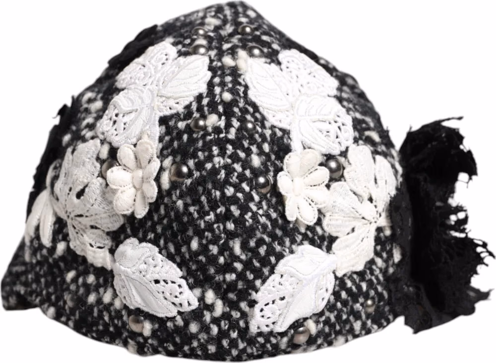 Black Wool White Floral Embellished Cloche Hat