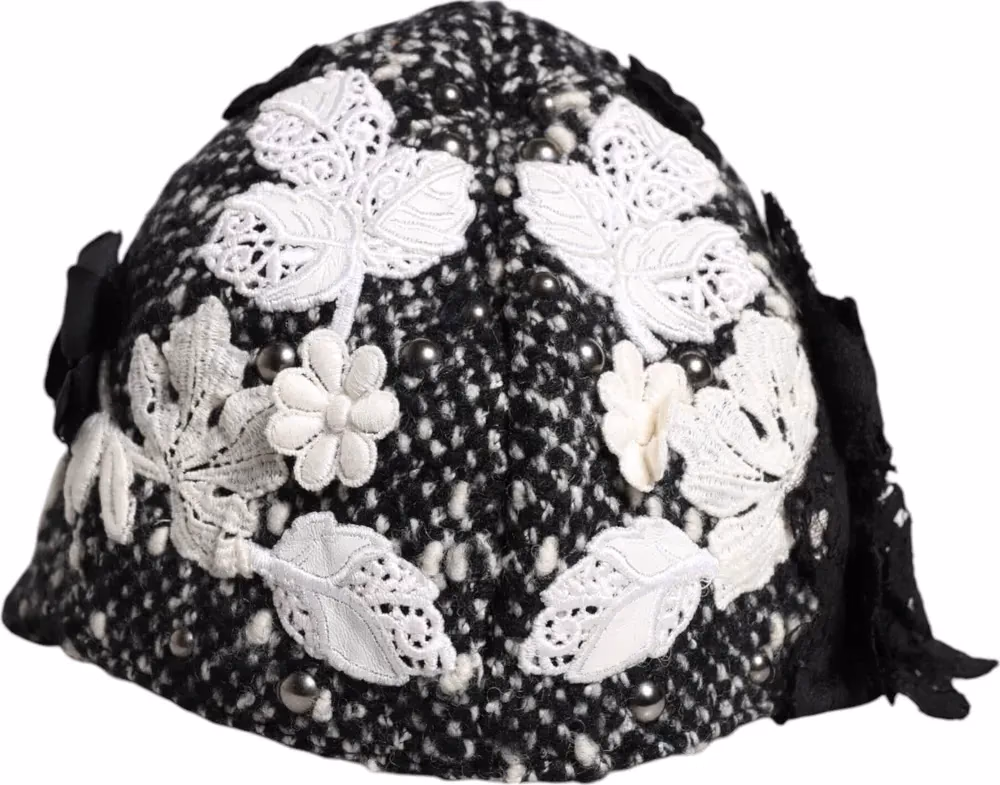 Black Wool White Floral Embellished Cloche Hat