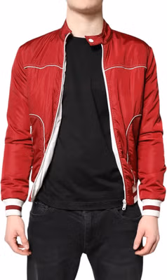 Red White Nylon Full Zip Men Bomber Jacket
