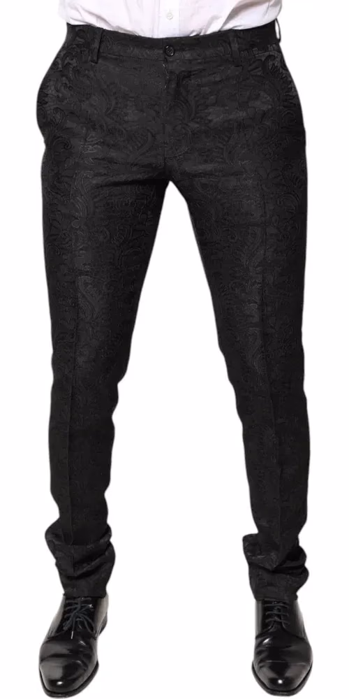 Black Floral Jacquard Mid Waist Dress Pants