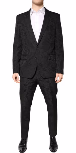 Black Polyester Floral Jacquard 2 Piece Suit