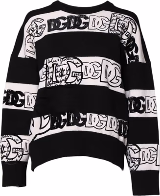 Black White Logo Print Wool Pullover Sweater