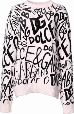 White Black Logo Print Women Pullover Sweater