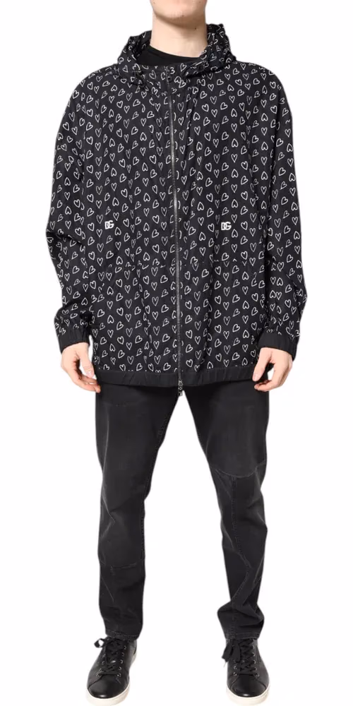 Black Heart Print Hooded Windbreaker Jacket