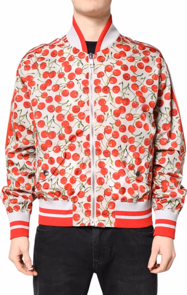 White Cherry Print Full Zip Bomber Jacket