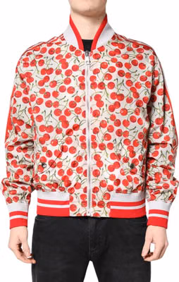 White Cherry Print Full Zip Bomber Jacket