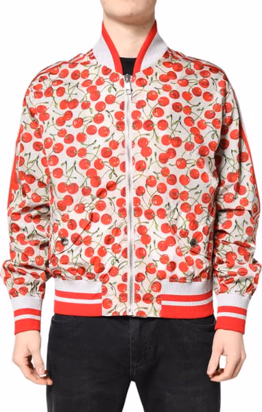 White Cherry Print Full Zip Bomber Jacket