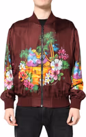Maroon Floral Print Full Zip Bomber Jacket 1