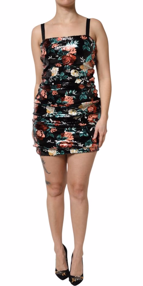 Black Floral Sequin Sleeveless Sheath Dress