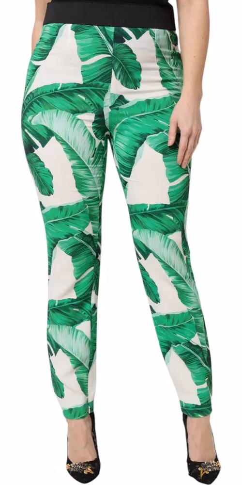 White Green Leaf High Waist Pants