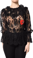 Black Cotton Floral Lace Women Blouse Top 1