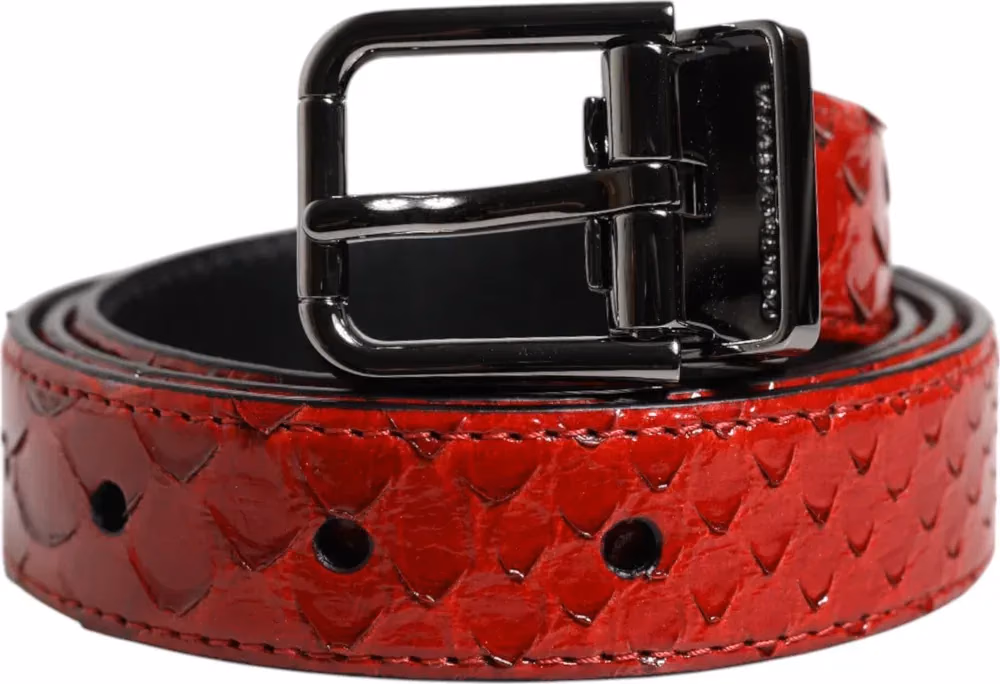 Red Exotic Leather Brass Metal Buckle Belt