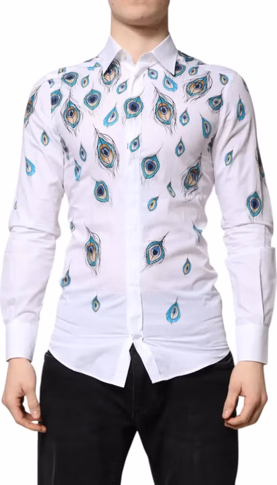 White Cotton Feather Print GOLD Dress Shirt