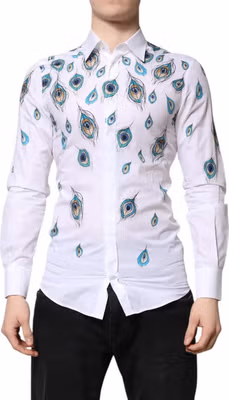 White Cotton Feather Print GOLD Dress Shirt