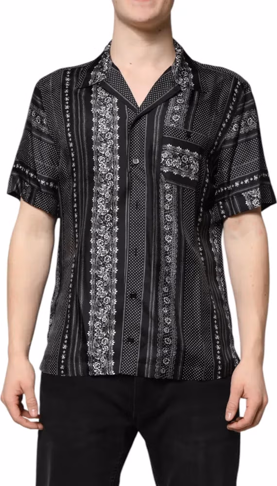 Black Silk Floral Print Short Sleeves Shirt