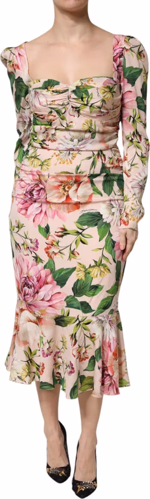 Pink Floral Silk Fit And Flared Midi Dress