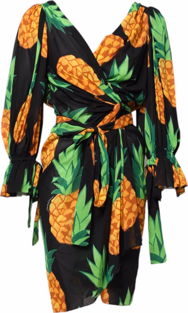Black Pineapple Print Silk Wrap Mini Dress