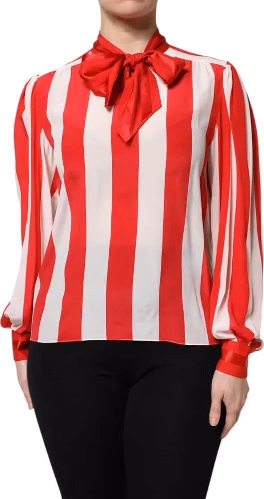 Red White Stripes Ascot Collar Blouse Top