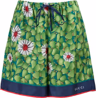 Green Flower Printed Silk Shorts 1