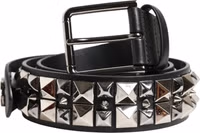 Black Calf Leather Studded Silver Buckle Belt 1