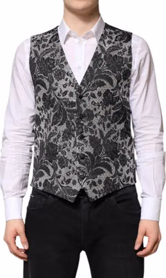 Black Gray Brocade Formal Men Waistcoat Vest
