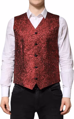 Red Floral Brocade Formal Men Waistcoat Vest