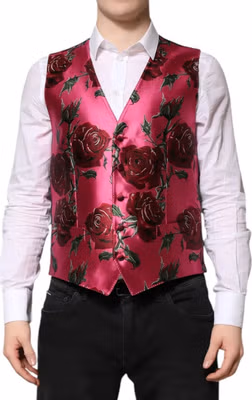 Pink Floral Satin Formal Men Waistcoat Vest