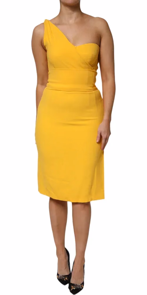 Yellow One Shoulder Side Slit Midi Dress