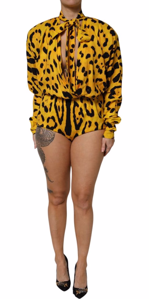 Yellow Leopard Long Sleeves Jumpsuit Dress