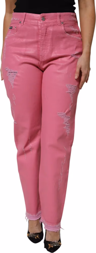 Pink Tattered Mid Waist Tapered Denim Jeans