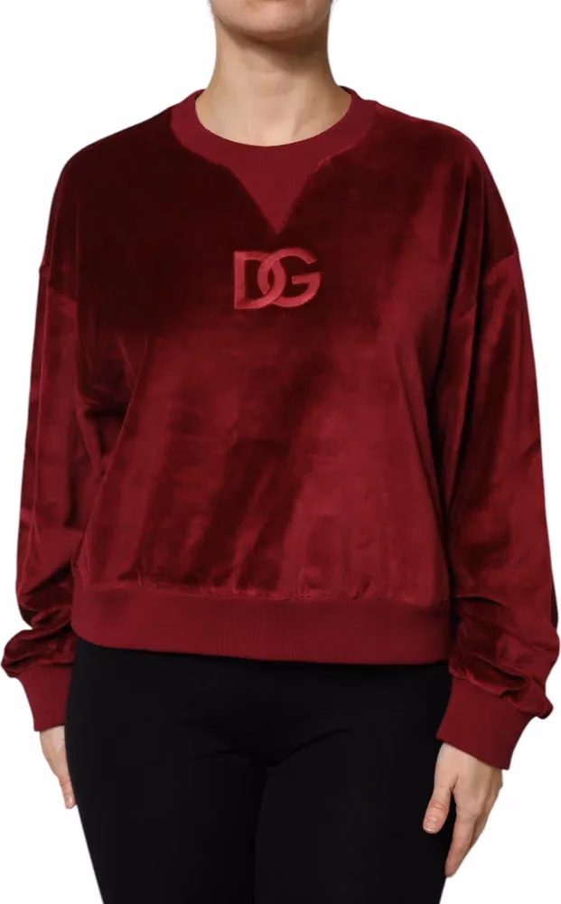Red Cotton Velvet Crew Neck Pullover Sweater