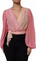 Pink Plunging V-neck Long Sleeves Blouse Top 1