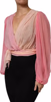 Pink Plunging V-neck Long Sleeves Blouse Top 2