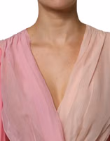 Pink Plunging V-neck Long Sleeves Blouse Top 4