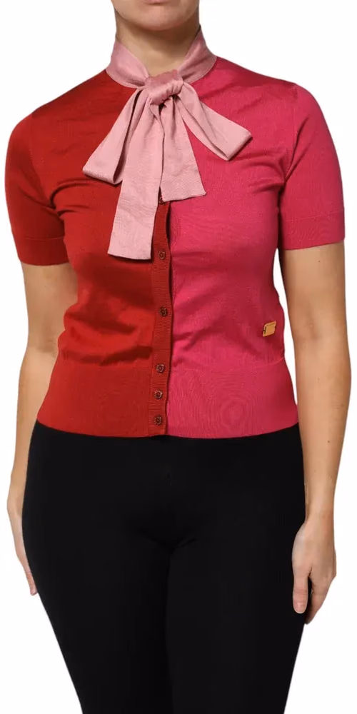 Pink Short Sleeves Buttoned Ascot Collar Top