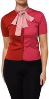 Pink Short Sleeves Buttoned Ascot Collar Top 1