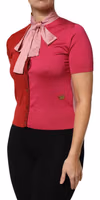 Pink Short Sleeves Buttoned Ascot Collar Top 2
