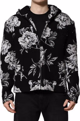 Black Wool Floral Printed Men Hooded Jacket