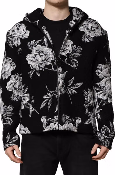 Black Wool Floral Printed Men Hooded Jacket
