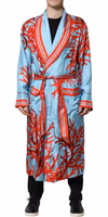 Blue Red Coral Print Wrap Robe Coat Jacket 1