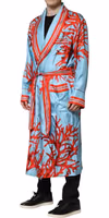 Blue Red Coral Print Wrap Robe Coat Jacket 2