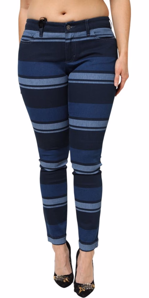 Blue Striped Cotton Stretch Denim Jeans