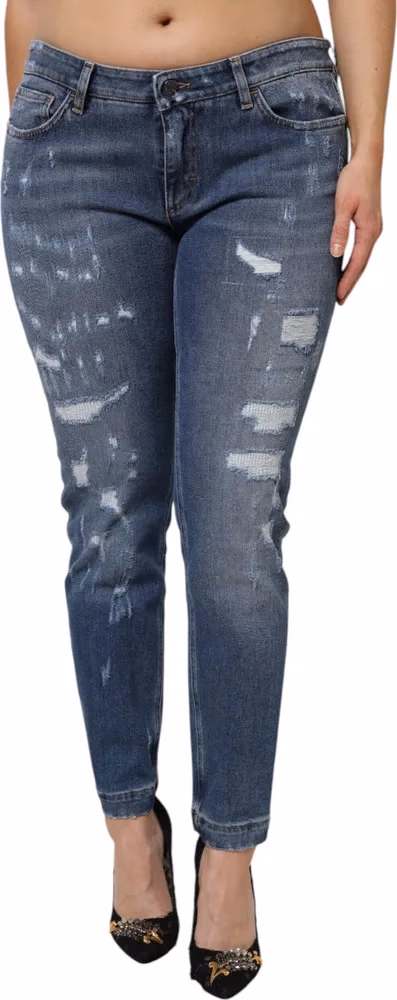 Blue Tattered Cotton Low Waist Denim Jeans