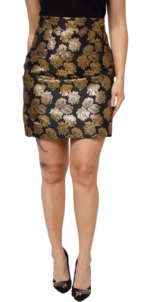 Black Gold Floral Print Jacquard Mini Skirt