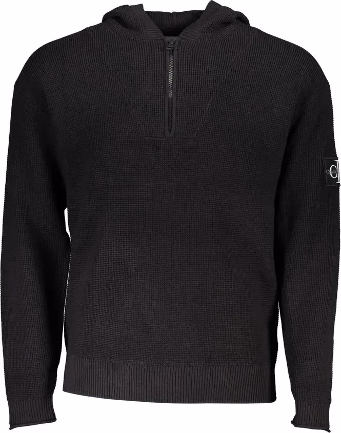 Black Cotton Men's Sweater Hooded Half Zip
