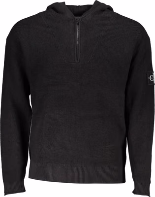 Black Cotton Men's Sweater Hooded Half Zip