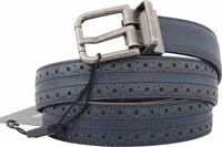 Blue Perforated Leather Gray Buckle Belt 5