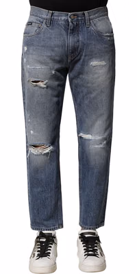 Blue Washed Tattered Straight Fit Denim Jeans