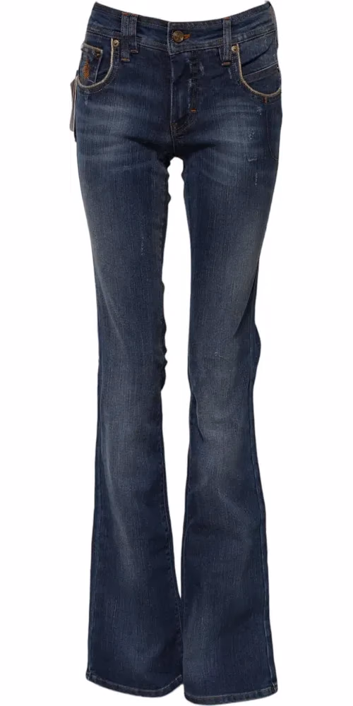 Blue Cotton Mid Waist Wide Leg Denim Jeans