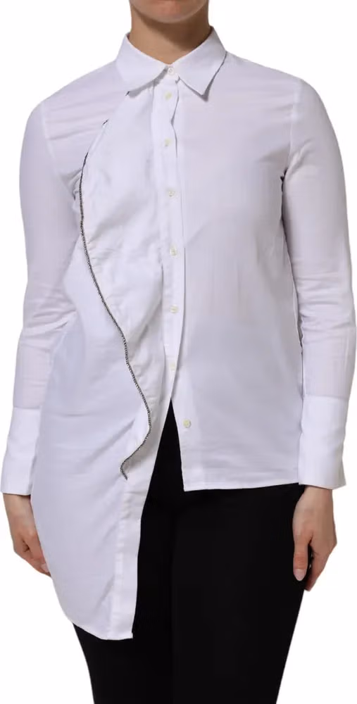 White Cotton Collared Long Sleeves Ruffle Top Shirt